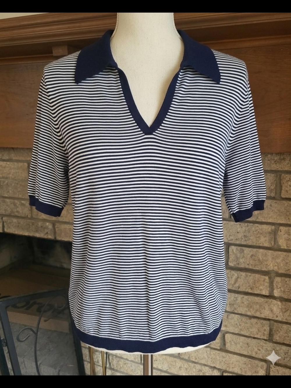 Philosophy Navy and White Striped V-Neck Polo Tee